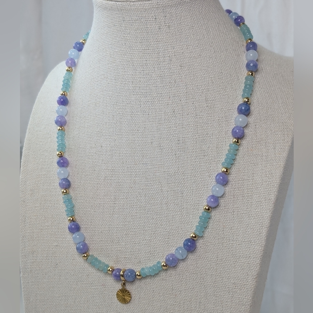 Artisan Aquamarine & Lavender Gold Necklace - Handmade Gemstone Jewelry- D010